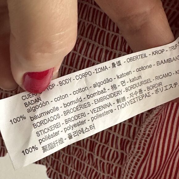 Zara Top M Surplice Crop Smocked Red Stripe Embroidered Half Sleeve Popover Boho - Picture 6 of 10